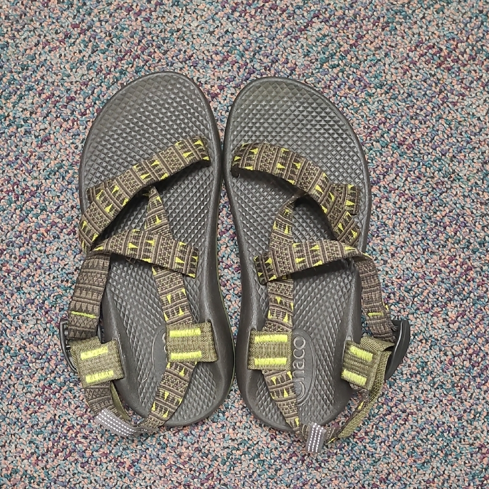 Like New Chaco Z1 Geometric Sandals with Green and Yellow Straps